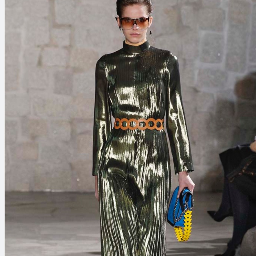 Loewe Shiny Pleated Lurex Midi Length Dress. Sweet shiny metallic olive green. - Picture 12 of 15